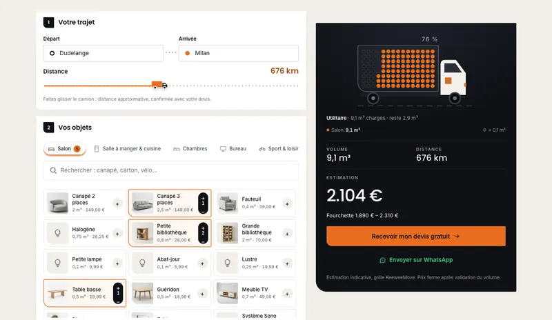 Aperçu de l’estimateur KeeweeMove : inventaire et récapitulatif du prix