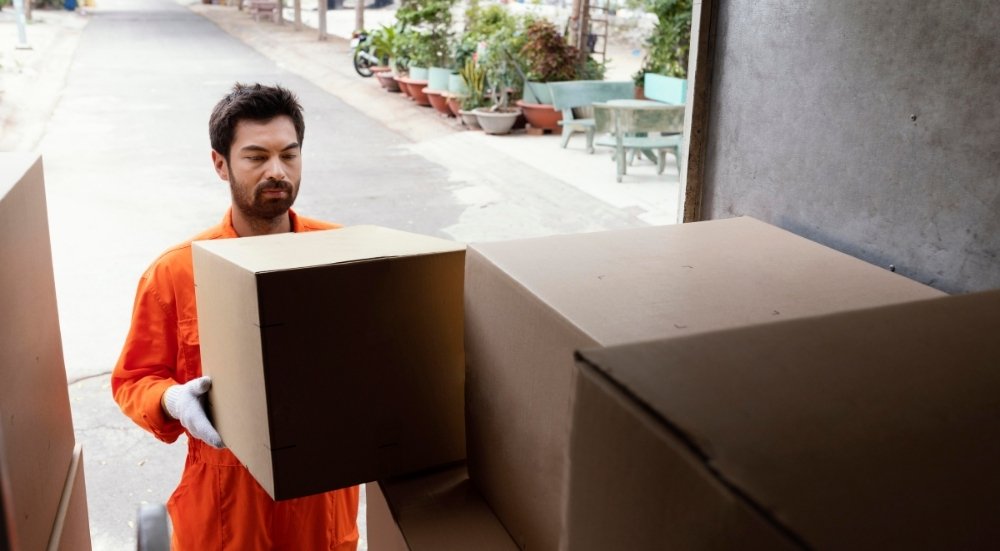 Déménageur au Luxembourg chargeant des cartons dans un camion de déménagement